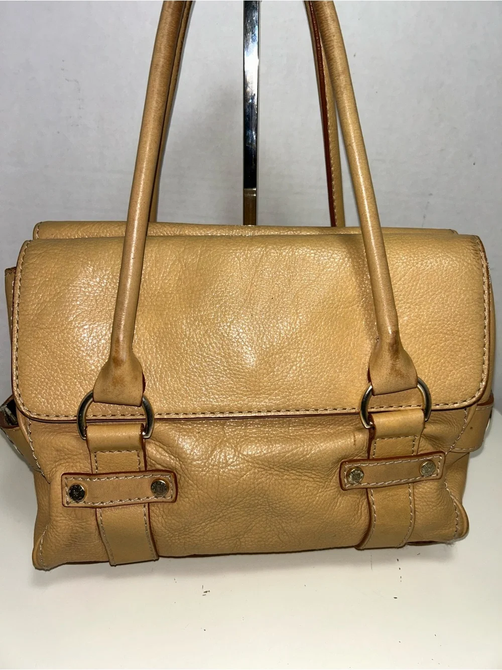 Michael Kors Y2K Tan Pebbled Leather Double Flap Three Section Satchel